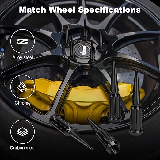 1/2‘’-20 Spike Lug Nuts, Set of 24 Black Spline Spiked Lug Nut with Key for Chevrolet Silverado 1500, Ford F-150 1997-2024, Dodge Ram 1500 1994-2024, Toyota Tacoma 1995-2024