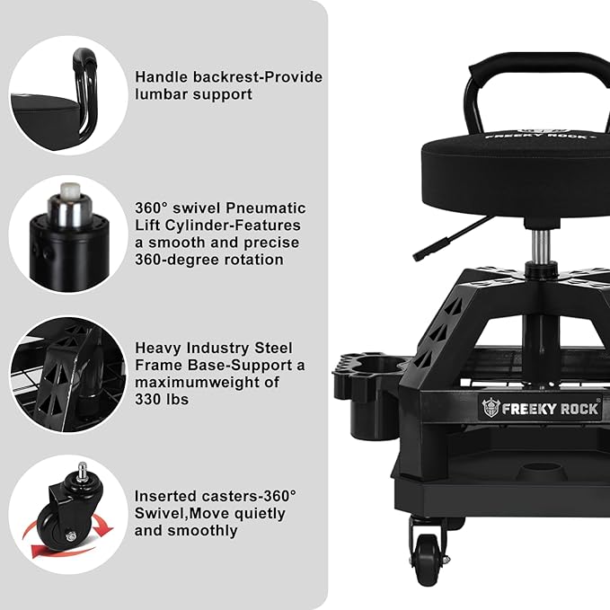 Rolling Shop Stool with Wheels, Heavy Duty Garage Work Mechanic Stool with Backrest, Adjustable Height 360°Swivel Rolling Chair with Tool Tray Storage, 330 LBS Capacity, Black