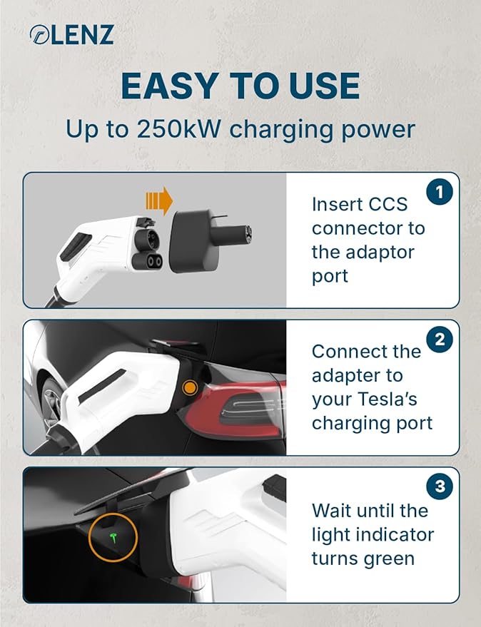 LENZ CCS1 to Tesla EV Adapter – for 2021+ Tesla Models with CCS Enabled ONLY – NOT for Cybertruck or Pre-2021 Teslas, Supports DC Fast Charging up to 250 kW