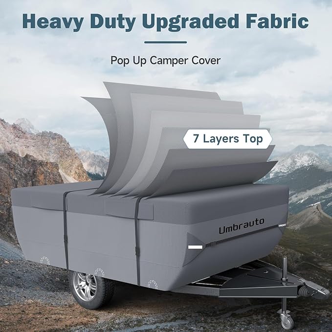 Umbrauto Pop Up Camper Cover Fits 19-20ft, 7 Layers Top Tent Trailer Cover Waterproof Extra Thick Polypropylene Breathable Ripstop Pop Up Folding RV Cover Trailers