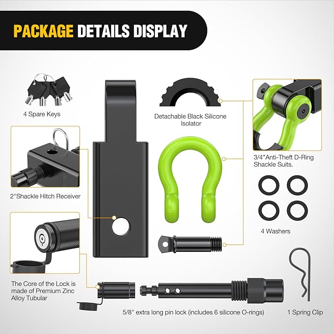 Nilight Anti-Theft Shackle Hitch Receiver 2Inch 45000 LBs Breaking Strength 3/4" Anti-Theft D Ring Shackle 5/8" Trailer Hitch Lock Pin Heavy Duty Solid Towing Kit for Trucks Off Road(Green&Black)