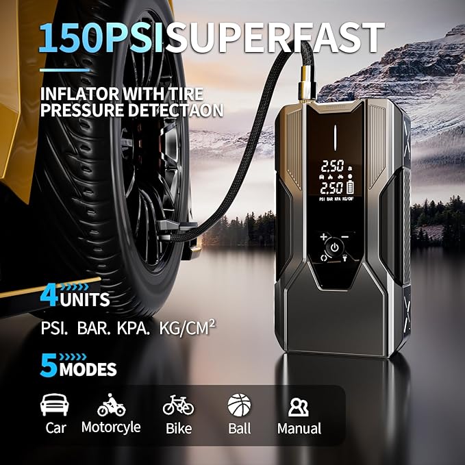 Emergency Portable Jump Starter with Air Compressor - 3000A 150PSI for Cars, Trucks & SUVs up to 9L Gas/7L Diesel, 12000mAh Portable Power Bank, -20°F Cold Start (Grey)