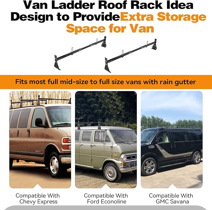 Universal Van Ladder Roof Racks, Adjustable Van Roof Ladder Racks with Cargo Roller Compatible with 1996-Up Chevy Express Fullsize and Vans with Rain Gutter,Black-2Pack
