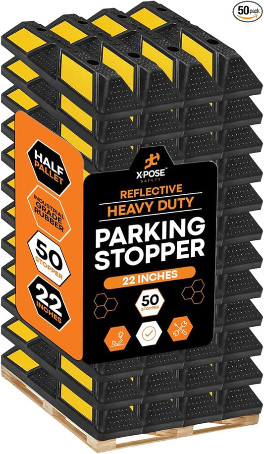 Xpose Safety 22" Heavy Duty Rubber Parking Stopper – Bulk Full Pallet 50 Pack Wheel Blocks for Garage, Driveway, or Ramp – Car Bumper Stop with Yellow Reflective Strips – Removable Floor Mount