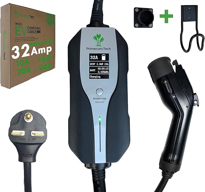PRIMECOMTECH Level 2 Electric Vehicle (EV) Charger Amperage Adjustable (10Amp - 16Amp - 20Amp - 24Amp - 32Amp) 30Ft Cable EVSE Plug-in Hybrid (40 FT, 6-30P)