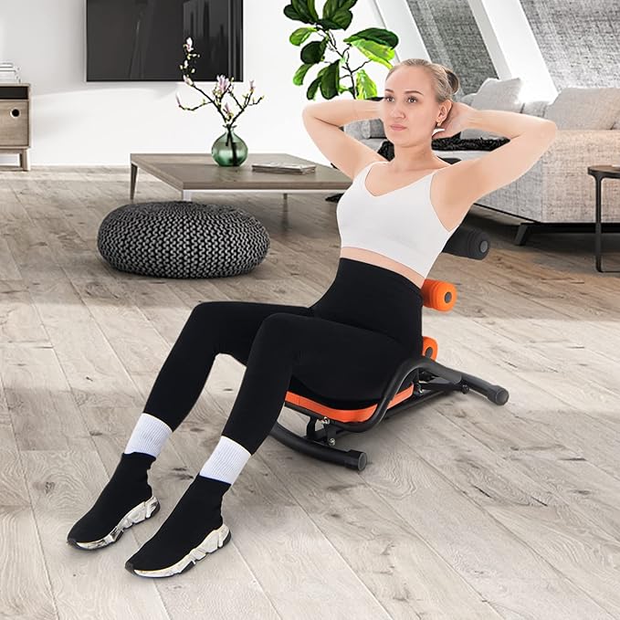 Ab Workout Machine, Height Adjustable Ab Rocker Trainer w/Ergonomic Curved Back, Cushioned Seat, Strong Spring Boost for Core Strength Training, Compact Sit Up Machine for Home Gym