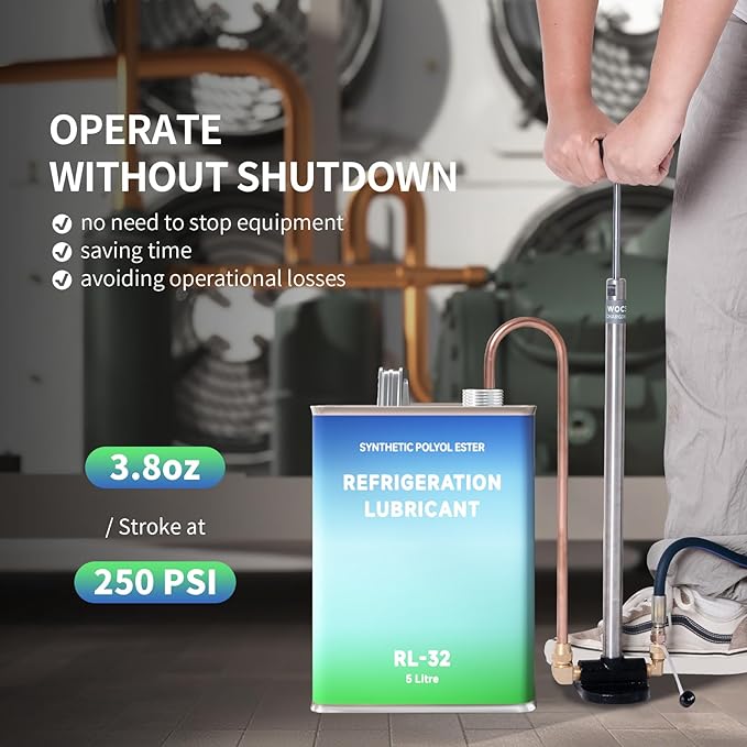 WATNOVA Professional Refrigeration Oil Charging Pump - 250PSI Non-Stop Operation, 3.8oz/Stroke, Dual-Brace Design w/ 1.5M Hose & Backflow Prevention (All Oil Types, 1/2.5/5 Gal Tanks)