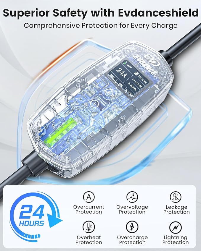 Level 2 EV Charger for Tesla, 24Amp 240V/25FT NEMA 10-30 Plug, 25FT Cable for Model S/3/X/Y, One-Touch Open Connector & Adjustable Current (10-24A) for Home/Garage Use, IP66 Waterproof