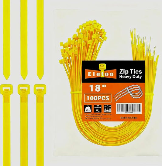 100PCS 18 inch Yellow Zip Ties Heavy Duty, 75LBS Tensile Strength, Self-Locking Heavy Duty UV Resistant Cable Ties for Indoor and Outdoor Use