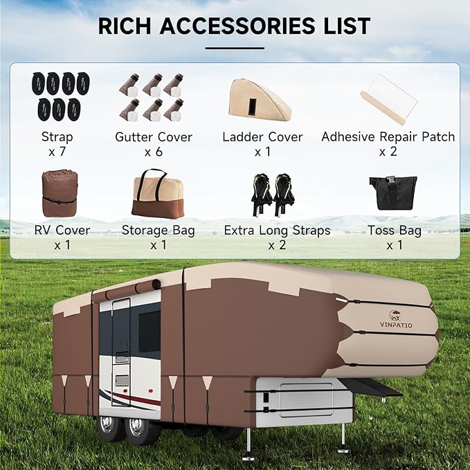 VINPATIO 5th Wheel Cover: Fits 28'-31' RV, 300D Oxford Fabric Two Color Design, Heavy Duty 5th Wheel RV Cover Anti-UV Waterproof Windproof, with Gutter Cover & 2 Pcs Extra Straps