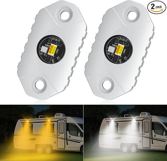 RV Lights Exterior White/Amber LED Aluminum Porch Light 12V IP68 Waterproof Campers Awning Lamp Replacement Kits for Trailers Truck Motorhome Travel Vehicles 2 PCS