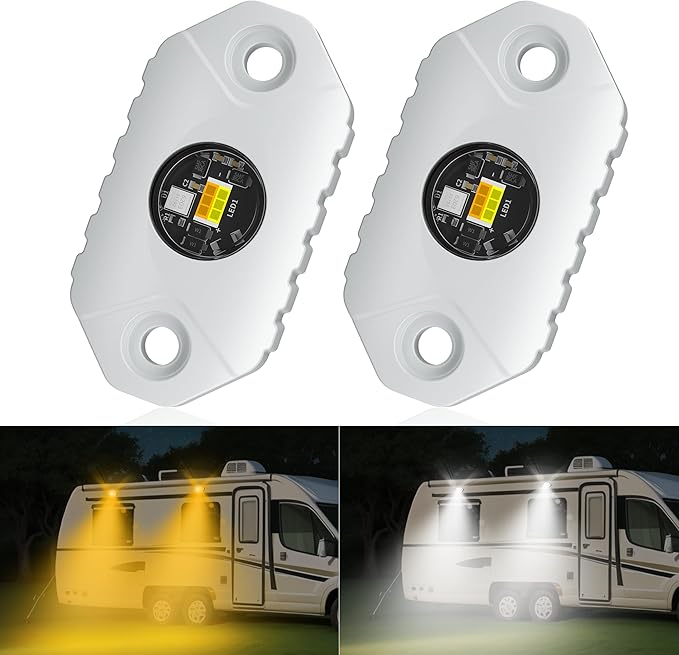 RV Lights Exterior White/Amber LED Aluminum Porch Light 12V IP68 Waterproof Campers Awning Lamp Replacement Kits for Trailers Truck Motorhome Travel Vehicles 2 PCS