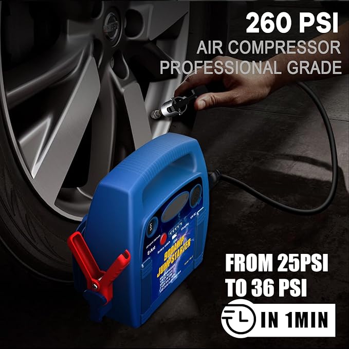Jump Starter with Air Compressor,1000A Car Battery Jumper Starter 260 PSI Tire Inflator,6 in 1 Auto Lead-Acid Battery Booster Jump Starter for Up to 10.0L Gas or 8.0L Diesel with LED Light