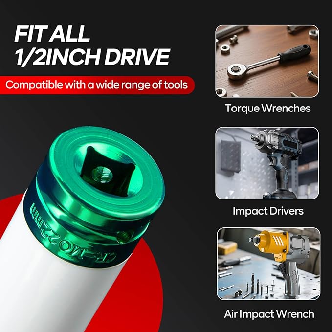 1/2" Drive Wheel Protector Impact Socket, 5pcs Thin Wall Deep Impact Socket Set, Durable Plastic Sleeve Lug Nut Socket, 6 Point, Metric, Color-Coded,15 17 19 21 22mm