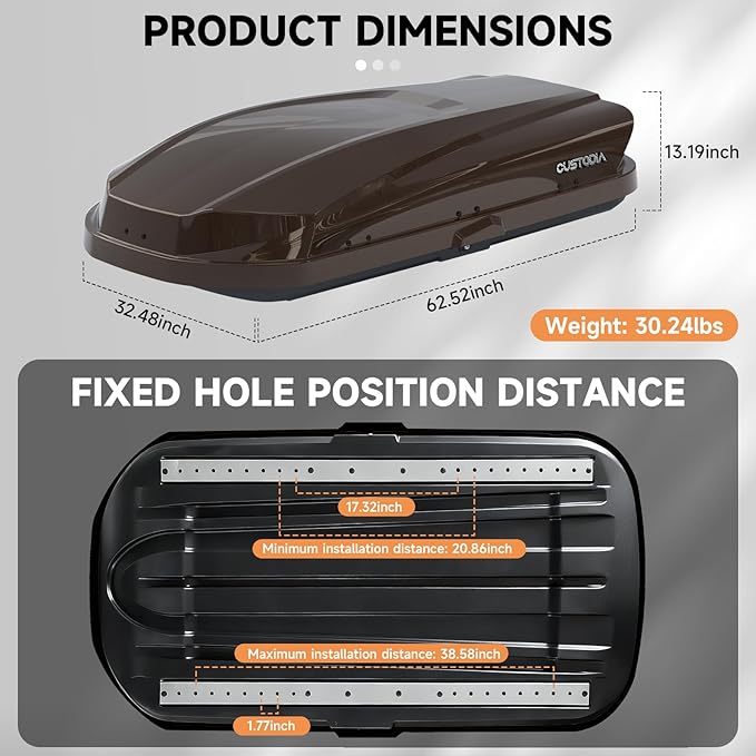 Hard Shell Roof Cargo Carrier with Security Keys, Roof Box, Cargo Box, 62.52 (L) x32.48 (W) x 13.19(H) Inches, 14 Cubic Feet (Tool-Free Install), Brown