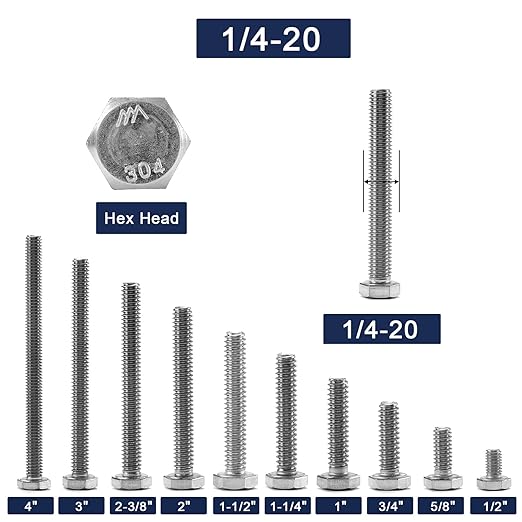 1/4-20 x 4 Hex Head Screw Bolt, 20Pcs 18-8 (304) Stainless Steel, Fully Threaded, Plain Finish, by SG TZH