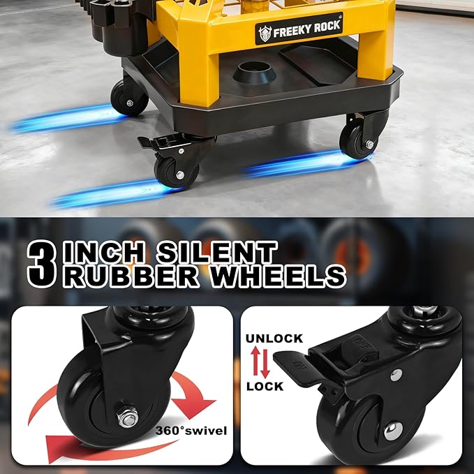 Rolling Shop Stool with Wheels, Heavy Duty Garage Work Mechanic Stool with Backrest, Adjustable Height 360°Swivel Rolling Chair with Tool Tray Storage, 330 LBS Capacity, Yellow