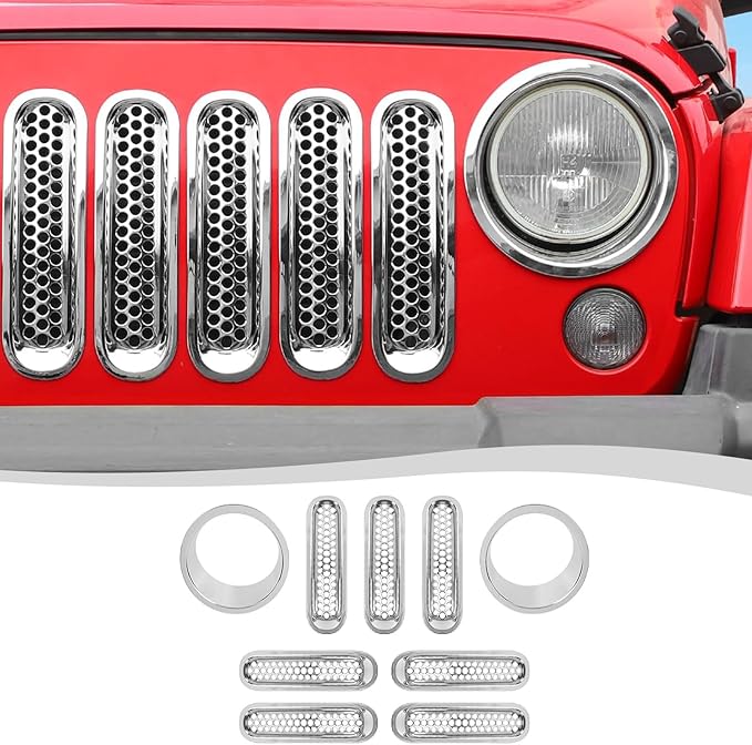 Mesh Grille Grill Insert+Headlight Turn Light Cover Trim Fit for 2007-2018 Jeep Wrangler JK JKU(Chrome)