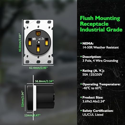 NEMA 14-50 Outlet for Ev Charging, Weather-Resistant High-Power 50 Amp125/250V Extra Heavy Duty Outlet, Flush Receptacle, 3 Pole 4 Wire 240V, UL Listed