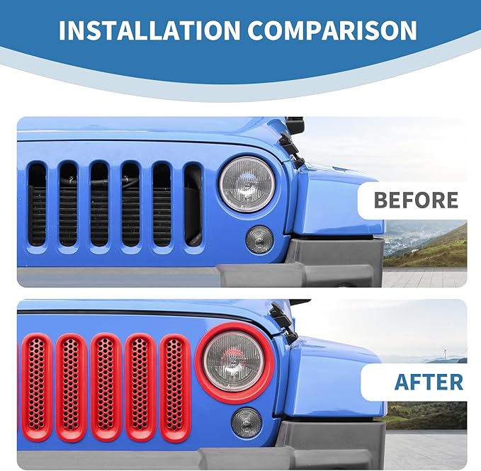 for Jeep JK Front Grille Inserts & Headlight Cover Trim Ring for Jeep Wrangler JK JKU 2007-2017 Red Exterior Accessories 9pcs