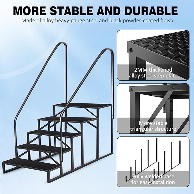 RV Steps with 2 Handrails, 5 Step RV Stairs 660lbs Load Capacity, Heavy Duty Camper Steps with Wide & Anti-Slip Platform, Portable Outdoor Metal Entry Stairs for Hot Tub, Mobile Home, Travel Trailers
