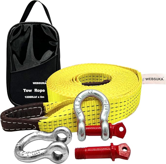 Heavy Duty Tow Straps Recovery Kit, 2" x 26ft Recovery Strap with 12000 lbs Break Strength, Heavy Duty Tow Rope D-Ring Shackles for Towing Vehicles, Boats(Yellow)
