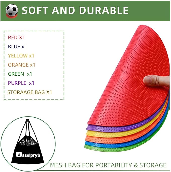 Spot Markers 9 Inch Non Slip Rubber Floor Markers Flat Field Cones Poly Dots for Classroom Dance Sports Soccer Basketball Speed Agility Training(6 Colors)