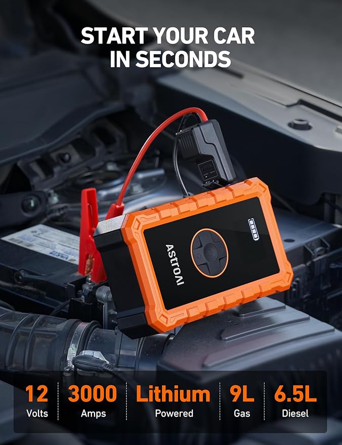 AstroAI S8 Air Jump Starter with Air Compressor, 3000A Peak Car Battery Jump Starter Portable (9.0 Gas/6.5L Diesel) with 150PSI Cordless Auto-Shutoff Tire Inflator, 12V Battery Charger Booster(Orange)