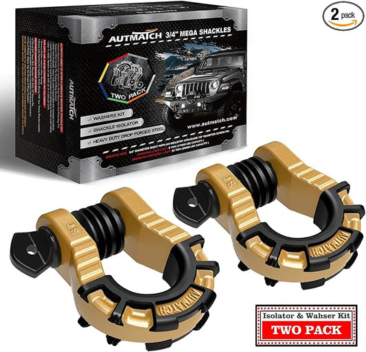 AUTMATCH D Ring Shackles 3/4" Mega Shackle (2 Pack) 68,000Ibs Break Strength - Heavy Duty Clevis Shackles with 7/8" Screw Pin and Isolator Washer for Tow Strap Winch Off Road Vehicle Recovery, Gold