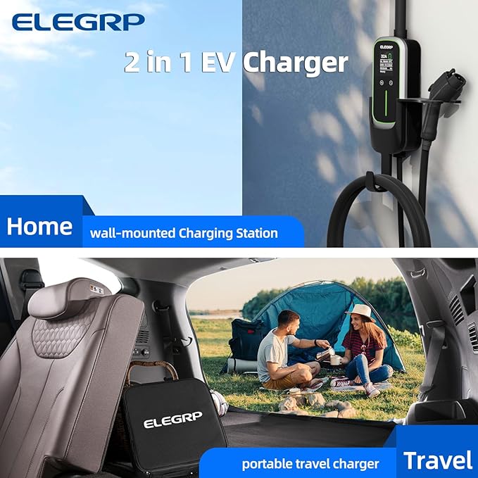 ELEGRP Level 2 EV Charger for Home, 32 Amp, ETL Certified, PBE & LCD Technology, 25ft J1772 Cable with NEMA 14-50 Plug, Plug and Play, 240V for BEVs/PHEVs