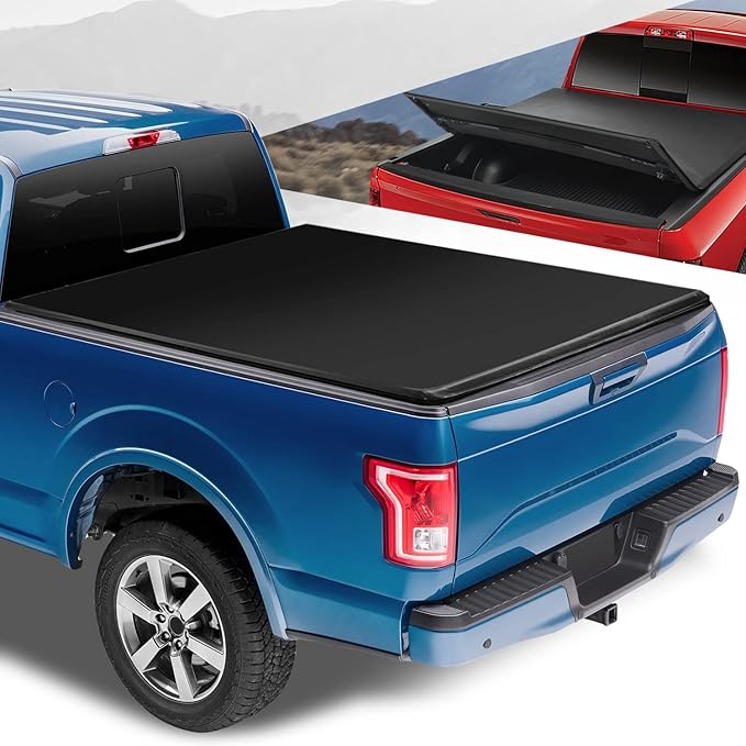Auto Dynasty Soft Tri-Fold Truck Bed Tonneau Cover Compatible with 2015-2025 Ford F-150 8.2Ft/97.6Inch Fleetside/Styleside Bed, Matte Black Soft Vinyl Top
