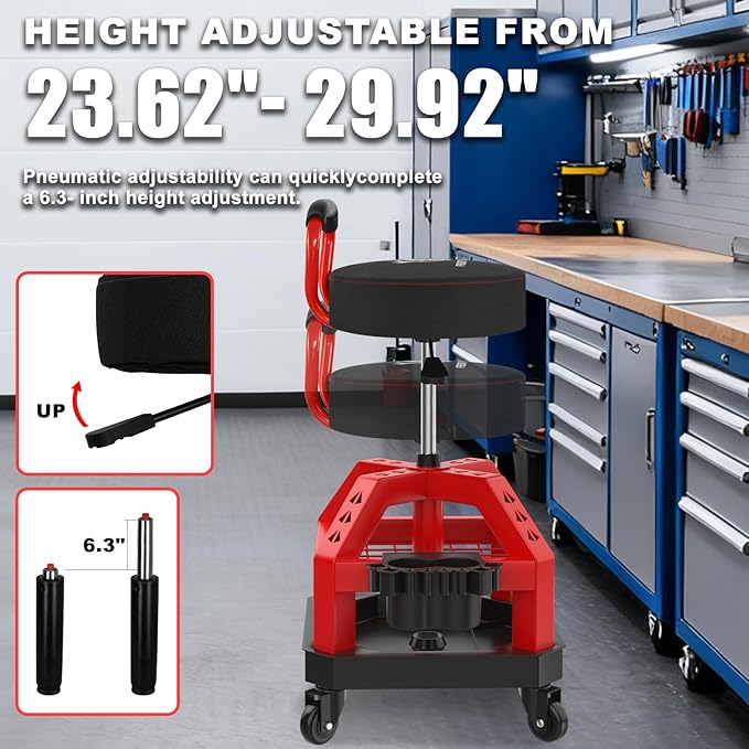 Rolling Shop Stool with Wheels, Heavy Duty Garage Work Mechanic Stool with Backrest, Adjustable Height 360°Swivel Rolling Chair with Tool Tray Storage, 330 LBS Capacity, Red