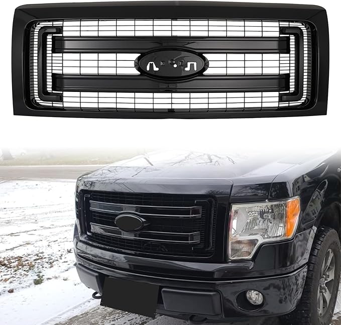 Front Bumper Grille Grill Fit For 2009-2014 Ford F150 F-150 XLT Style Front Hood Upper Grille Guard Cover Replacement For DL3Z8200DA/DL3Z8200CA (Glossy Black)
