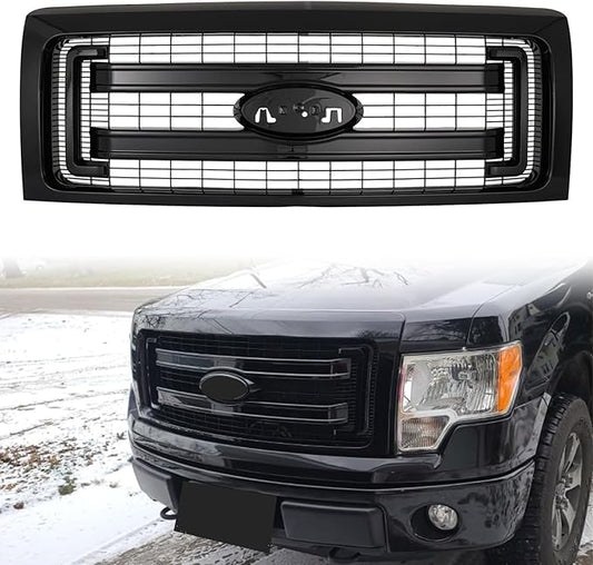 Front Bumper Grille Grill Fit For 2009-2014 Ford F150 F-150 XLT Style Front Hood Upper Grille Guard Cover Replacement For DL3Z8200DA/DL3Z8200CA (Glossy Black)