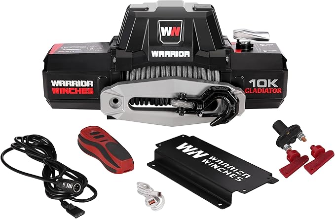 Warrior Winches Gladiator 10000lbs 12v Electric Winch with Wired/Wireless Remote with Synthetic Rope, Perfect for Trucks, Trailers, Offroad, 4X4, SUVs, Waterproof IP68 Winch with Hawse Fairlead