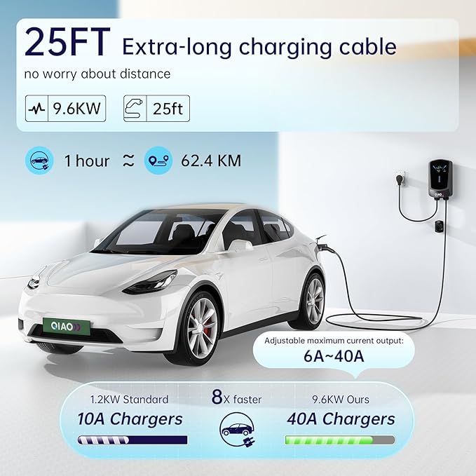 QIAO Level 2 EV Charger, Up to 40A Electric Car Charger, Wi-Fi Bluetooth APP Enabled EVSE, 4.3in Display, 25ft Cable, NEMA 14-50 Plug Charge Station Compatible with All SAE J1772 EV Models Black