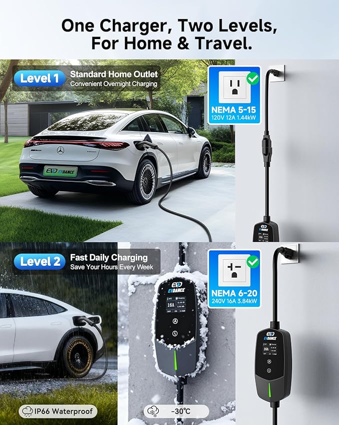 Level 1 & 2 EV Charger, 16A 110-240V Home Electric Vehicle Portable Charger with 25FT Cable, Adjustable Current & Delay Timer, LCD Display, EV Charging Station Compatible with All J1772 EVs