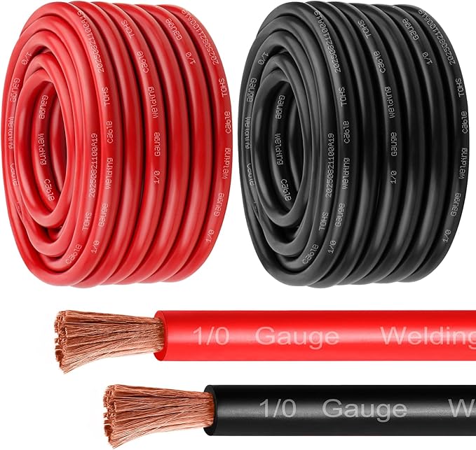 1/0 Gauge Battery Cable - 50FT Red + 50FT Black 1/0 AWG Welding Cable Flexible Stranded Oxygen-Free Pure Copper Wire for Automotive, Battery, Inverter, Solar, Marine and Generator