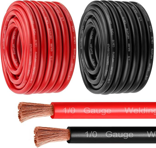 1/0 Gauge Battery Cable - 50FT Red + 50FT Black 1/0 AWG Welding Cable Flexible Stranded Oxygen-Free Pure Copper Wire for Automotive, Battery, Inverter, Solar, Marine and Generator