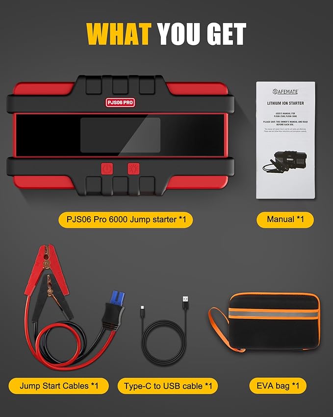 PJS06 Pro 6000A Car Jump Starter (All Gas & 12L Diesel), 74Wh Portable Power Bank with 40W Fast Charge, Smart LCD Voltage Display, Large Screen Warning Light, 10-Safety Protections