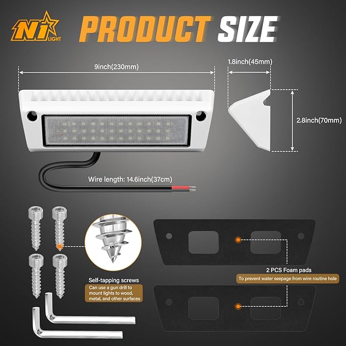 Nilight RV Exterior Light 2PCS 9 Inch Porch Lights Flood Beam 12V 24V LED Scene Cargo Lighting White Aluminum Housing for RVs Trailers Travel Campers 5th Wheels Motorhome SUV Truck