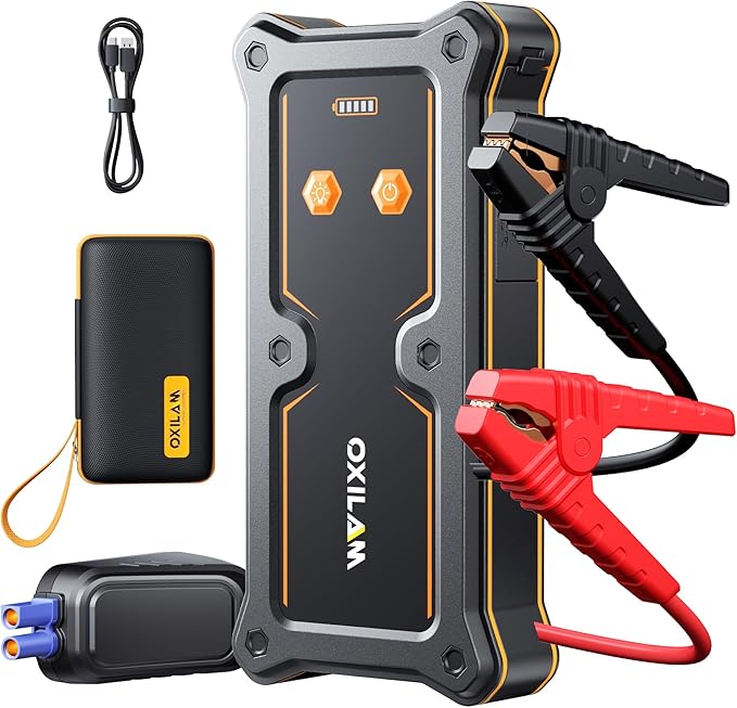 OXILAM 8000A Jump Starter - Car Jumper Starter Portable for All Gas & Diesel Engines, 12V Jump Box for Car Battery with Extended Jumper Cables, USB, DC, Type C Port & LED Light