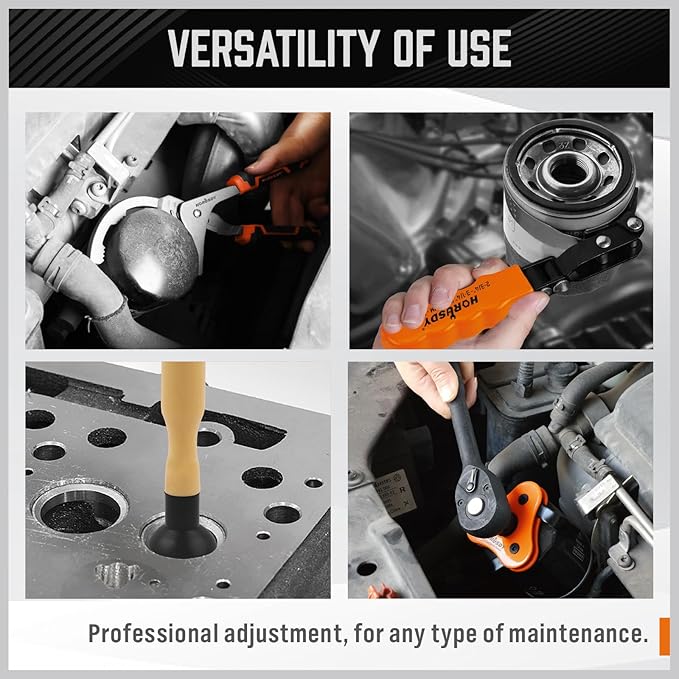 HORUSDY 11-Piece Oil Filter Wrench Set with Storage Case - Swivel Wrenches Fit 2-3/4" to 5-1/4", Adjustable Filter Pliers (9" & 12"), Valve Lapper Set, 3-Jaw Socket, Ratchet Handle for Garage, Repair