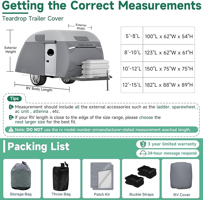 Umbrauto Teardrop Travel Trailer Cover Fits 10'-12' Trailers, 7 Layers Top Heavy Duty Waterproof Camper Cover with Windproof Strap for R-Pod Trailers, Clamshell Trailers