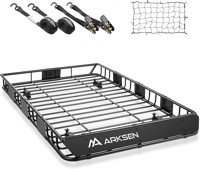 ARKSEN 64 x 39 x 5 Inch Upgrade Universal Roof Rack with Cargo Net, 2 Ratchet Straps - 150Lbs Capacity Heavy Duty Rooftop Cargo Carrier with Extension for Car, SUV & Pickup