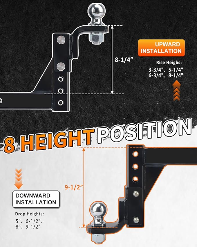 METOWARE Adjustable Trailer Hitch Ball Mount, 2" Towing Ball 7500 LBS, Fits 2-Inch Receiver, 6-Position Heavy Duty Tow Hitch with Pins and Trailer Hitch Lock