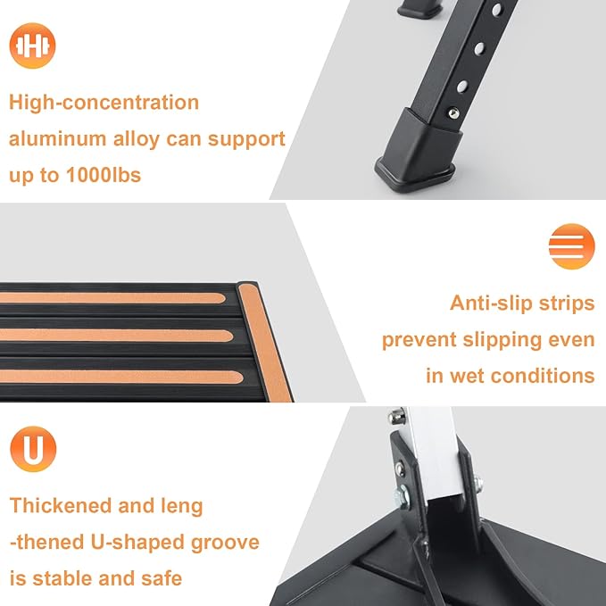 Safety RV Steps, Yagud Height Adjustable Folding Platform Step with 17" X 12" Anti-Slip Surface, Rubber Feet, Handle, Reflective Strips, and T Level, Aluminum RV Step Stool Supports Up to 1000lbs