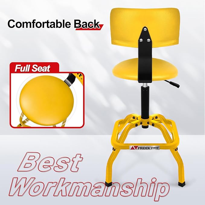 Shop Stool with Backrest, Mechanic Garage Stool for Workshop, Adjustable Shop Stools Chair, Padded Workbench Stools for Men Women, 300 LBS Capacity, 360° Swivel PVC Seat, Heavy Duty, Yellow