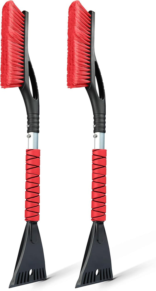 EcoNour 27" Car Snow Brush and Ice Scrapers for Car Windshield (Red- 2 Pack) | Scratch Free Bristle Head Snow Brush & Tough Window Snow Scraper with Aluminium Body