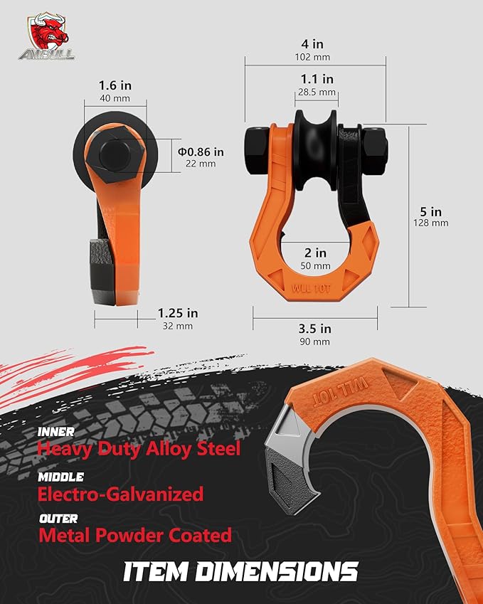 D Ring Separate Shackle with Snatch Block, 3/4" Shackles w/Snatch Block Pulley, Heavy Duty Shackle for Towing Winch, Pulley for Off-Road Vehicle Recovery, Truck, ATV, UTV, BlackOrange